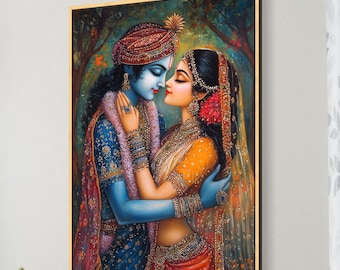 Radha Krishna Love Art Print – Romantic Hindu Painting Print, Indian Spiritual Wall Decor