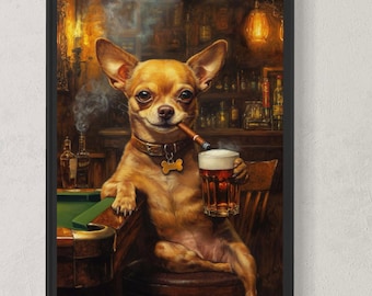 Divertida lámina de chihuahua en un bar – Arte canino con puros y cerveza