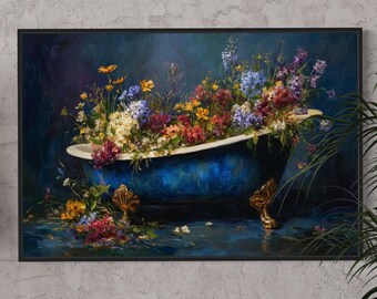 Floral Bathtub Wall Art – Whimsical Wildflower Print, Cottagecore Vintage Decor, Colorful Flower Poster