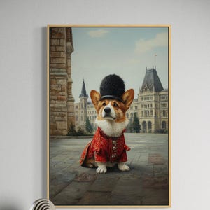 May include: A framed print of a corgi dog in a red military uniform and a black hat, set against a building backdrop. The artwork is displayed on a wooden cabinet. The print captures a whimsical scene.