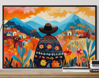 Mexican Folk Art Print - Colorful Latin Landscape Art, Boho Vibrant Wall Decor