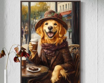 Golden Retriever Café Art Print – Whimsical Dog Wall Decor, Paris Coffee Shop Illustration