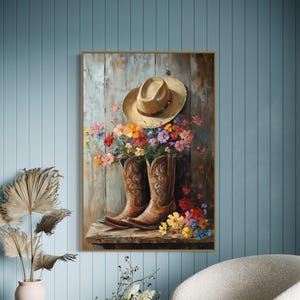 Cowboy Boots and Wildflowers Art Print: Rustic Western Decor
