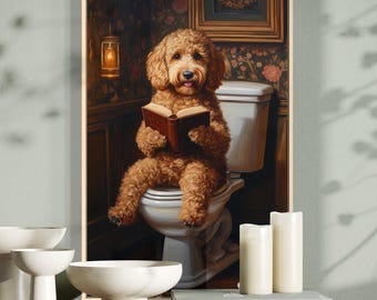 Funny Goldendoodle Bathroom Art Print – Dog Reading on Toilet, Quirky Wall Decor Gift