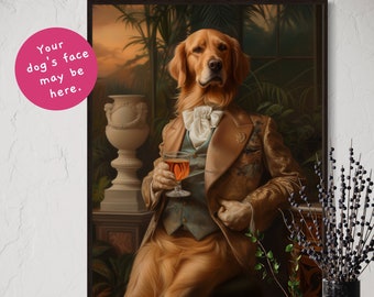 Stampa di un Golden Retriever rinascimentale: un ritratto stravagante di un animale domestico.