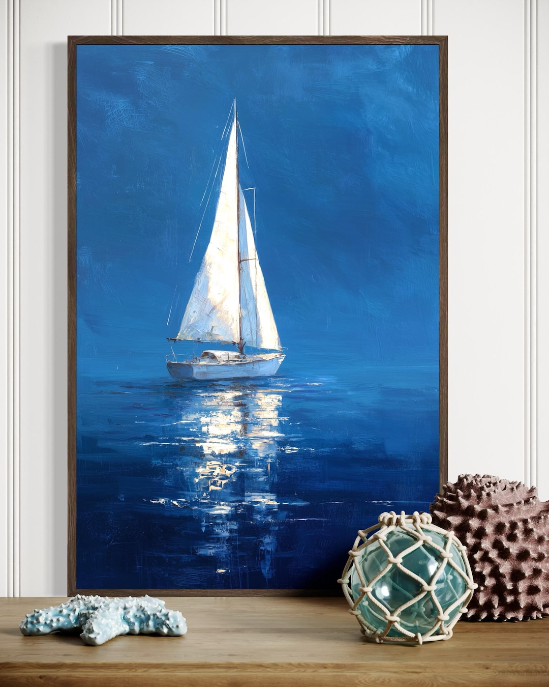White Sailboat Wall Art Print - Blue Ocean Nautical Coastal Decor ...