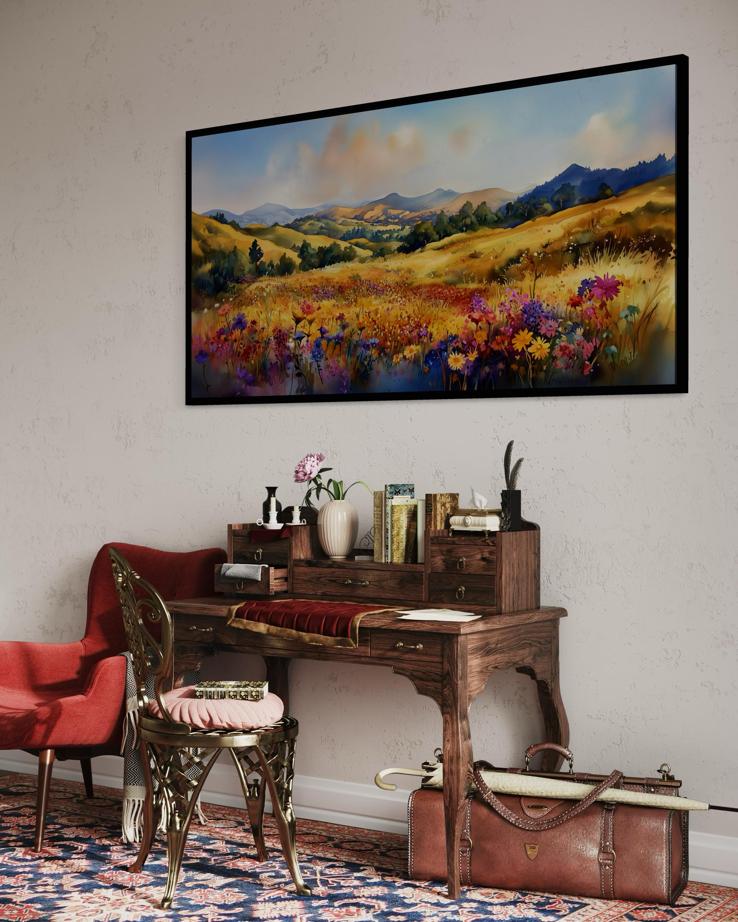 Wildflower Meadow Landscape Art Print – Watercolor Field Flowers Wall ...