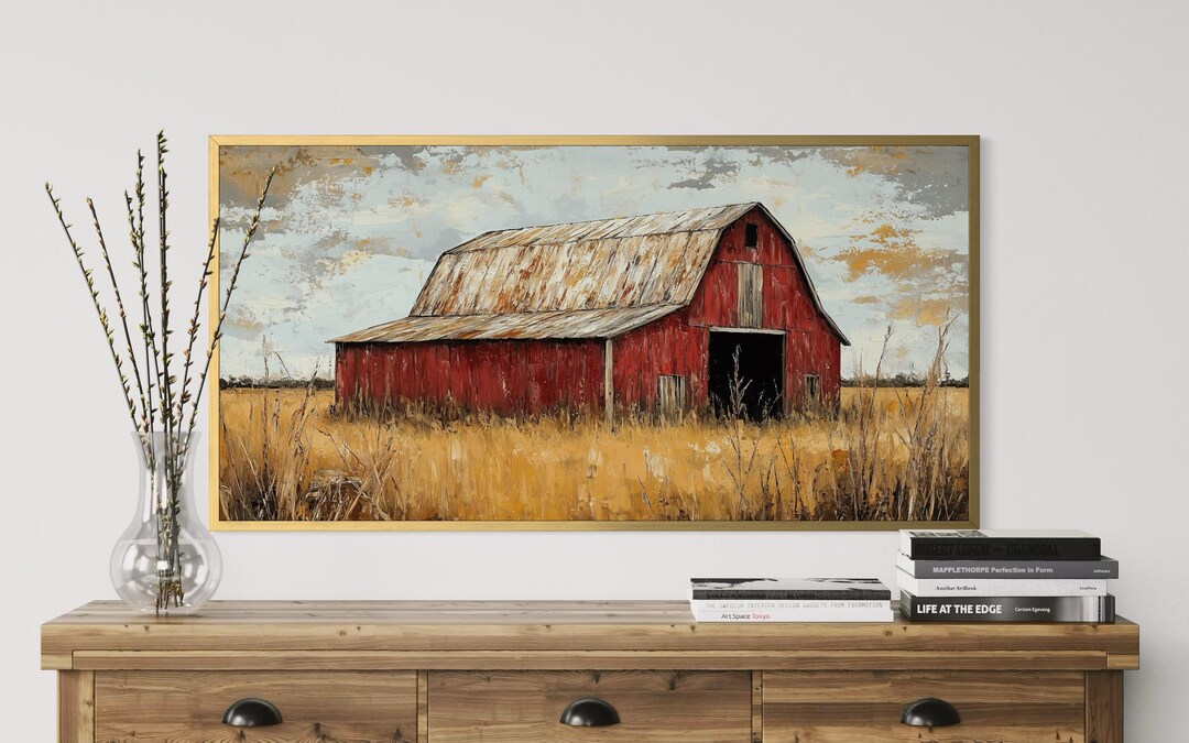 Rustic Red Barn Wall Art, Vintage Farmhouse Landscape Country Print ...