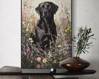 Black Labrador Floral Print: Rustic Cottagecore Dog Portrait