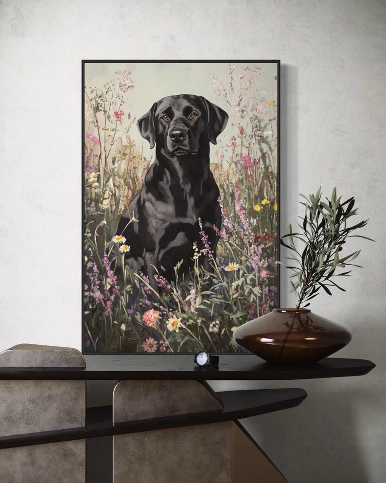 Pode incluir: Um c&atilde;o labrador retriever preto est&aacute; sentado em um campo de flores silvestres. O c&atilde;o est&aacute; olhando diretamente para a c&acirc;mera. O fundo &eacute; um verde e rosa suave e desfocado.