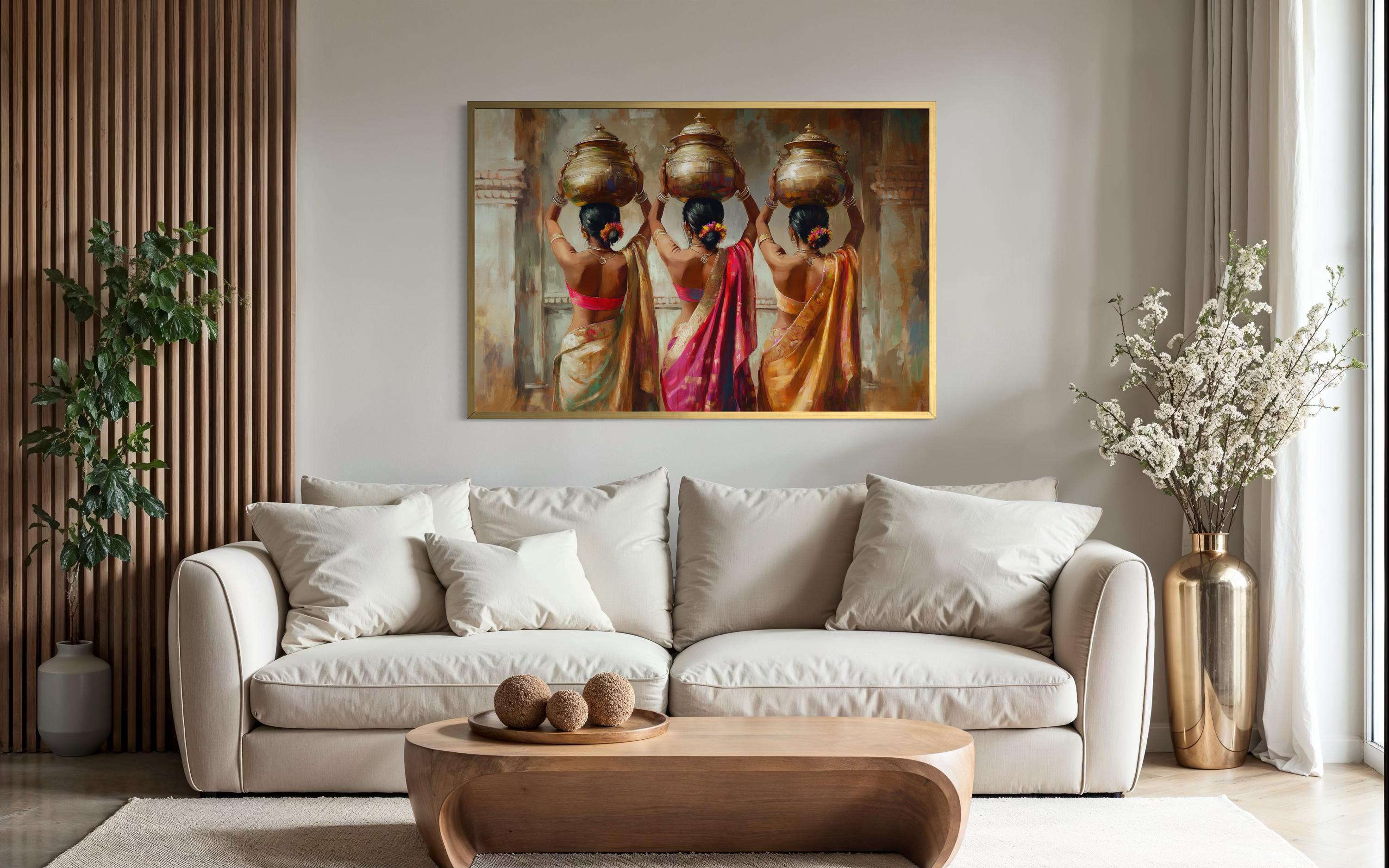 Indian Women Carrying Water Pots Wall Art, Cultural Figurative Painting ...