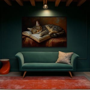 This heartwarming art print captures a peaceful kitten sleeping on an open book. The soft lighting and cozy atmosphere make this piece perfect for book lovers and cat enthusiasts alike. The detailed brushstrokes highlight the kitten’s fluffy fur, creating a charming and serene scene. Whether for a reading nook, bedroom, or study, this print adds warmth and relaxation to any space. A perfect gift for literature lovers, pet owners, or anyone who appreciates quiet, dreamy moments.