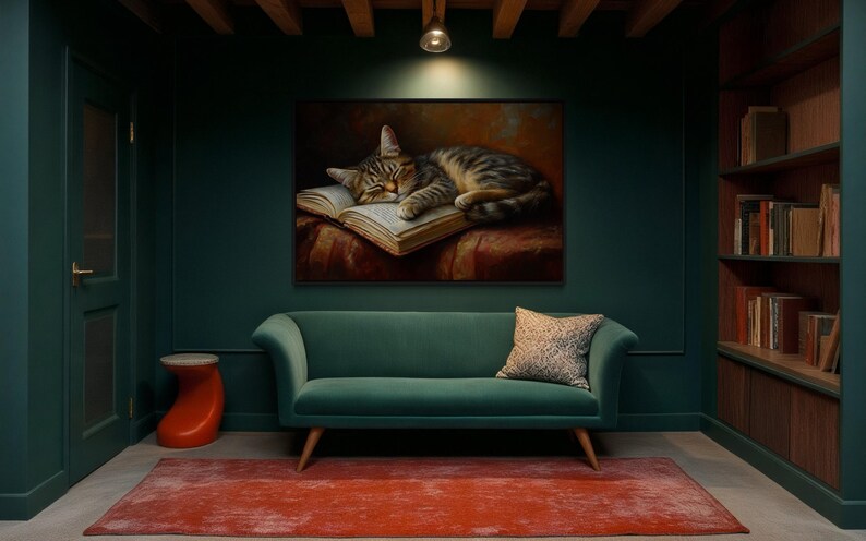 This heartwarming art print captures a peaceful kitten sleeping on an open book. The soft lighting and cozy atmosphere make this piece perfect for book lovers and cat enthusiasts alike. The detailed brushstrokes highlight the kitten’s fluffy fur, creating a charming and serene scene. Whether for a reading nook, bedroom, or study, this print adds warmth and relaxation to any space. A perfect gift for literature lovers, pet owners, or anyone who appreciates quiet, dreamy moments.