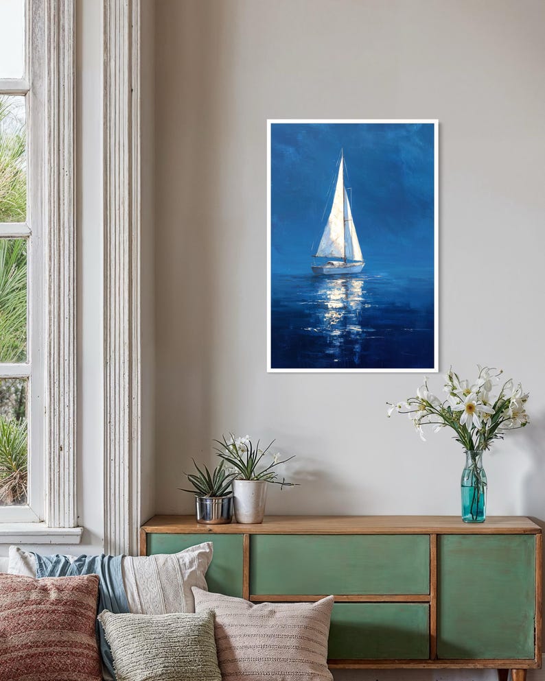 White Sailboat Wall Art Print - Blue Ocean Nautical Coastal Decor ...