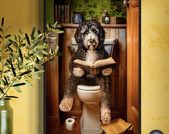 May include: A black and white dog sitting on a white toilet, reading a book. The dog is in a bathroom with a wooden door and a green patterned wallpaper.