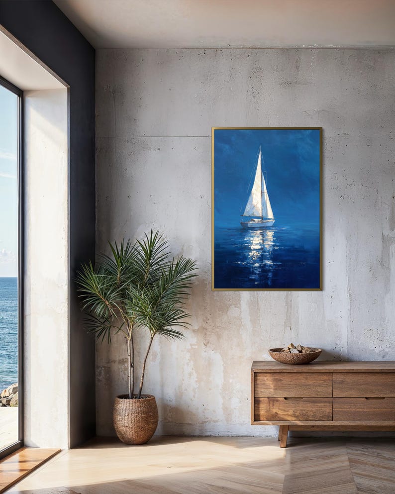 White Sailboat Wall Art Print - Blue Ocean Nautical Coastal Decor ...
