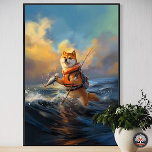 Arte de Shiba Inu Pescador – Lámina de perro caprichoso en el mar