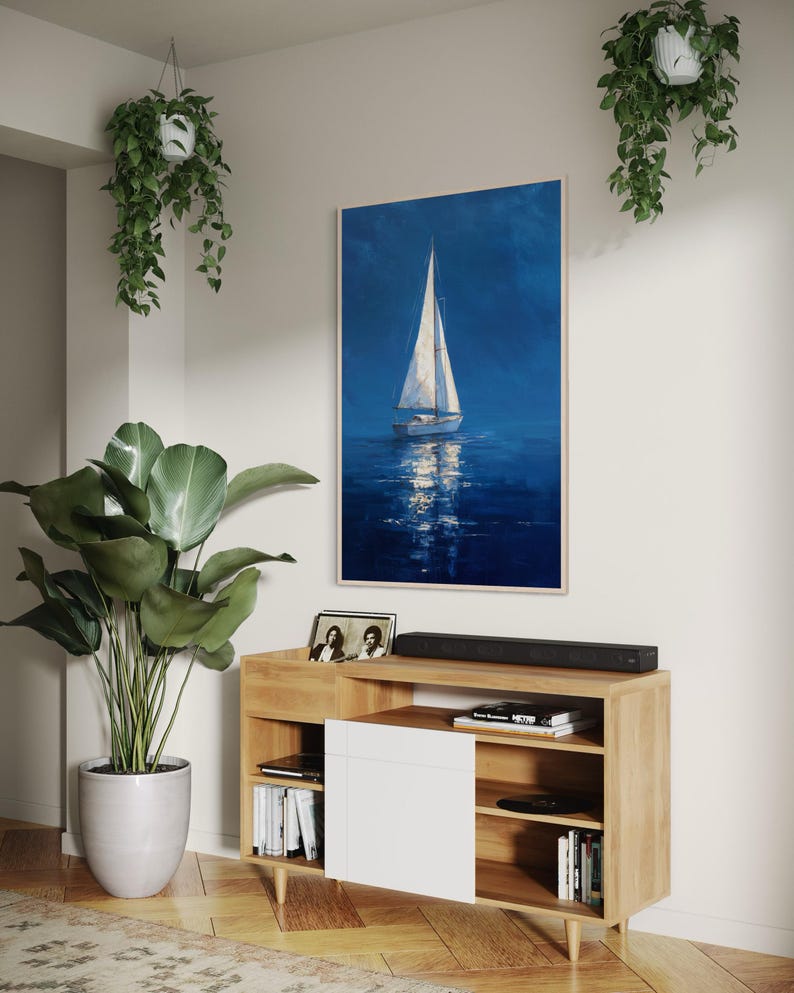 White Sailboat Wall Art Print - Blue Ocean Nautical Coastal Decor ...