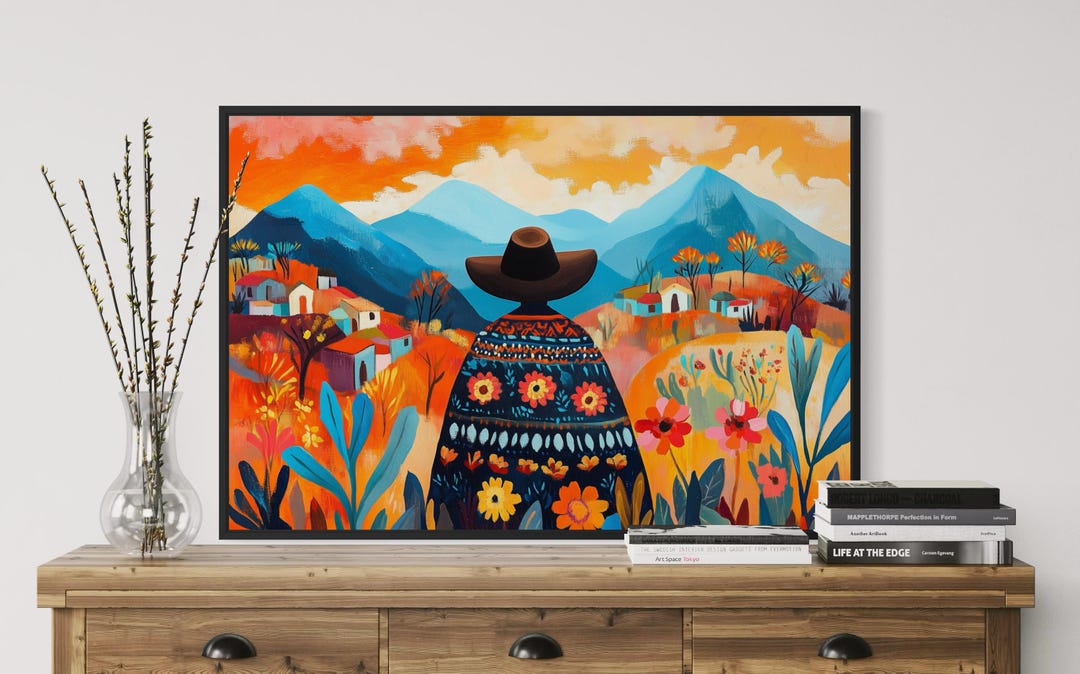 Mexican Folk Art Print - Colorful Latin Landscape Art, Boho Vibrant ...