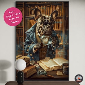 Detective Frenchie - grillige hondenkunst, gepersonaliseerd huisdierportret voor franse moeders, grappige Franse stierhond woondecoratie print