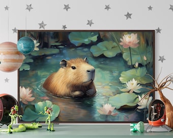Capybara Teich Kunstdruck, lustiges Bild