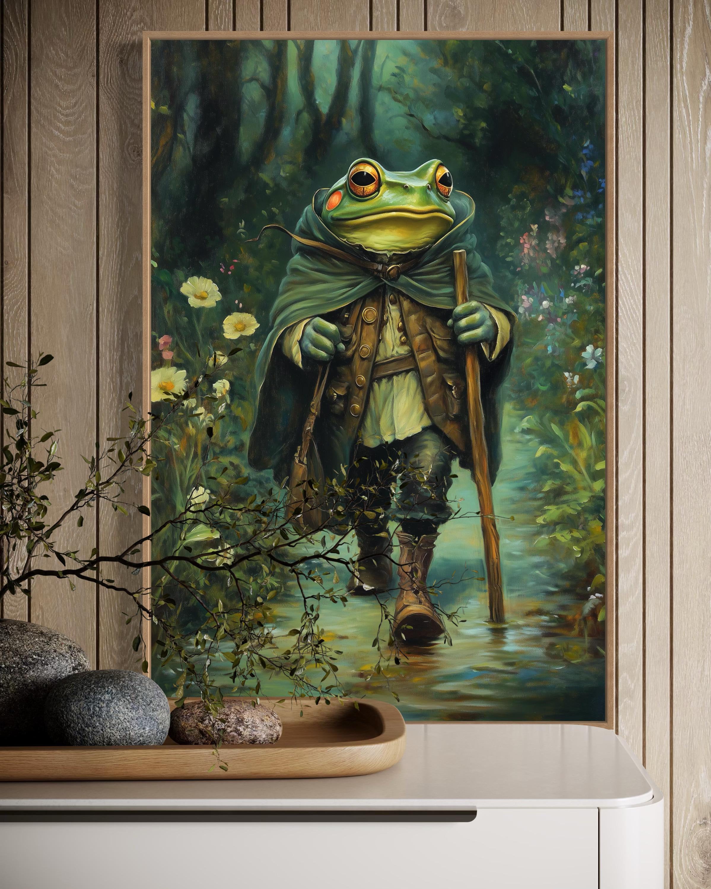 Whimsical Frog Traveler Canvas Print: Enchanted Forest Cottagecore