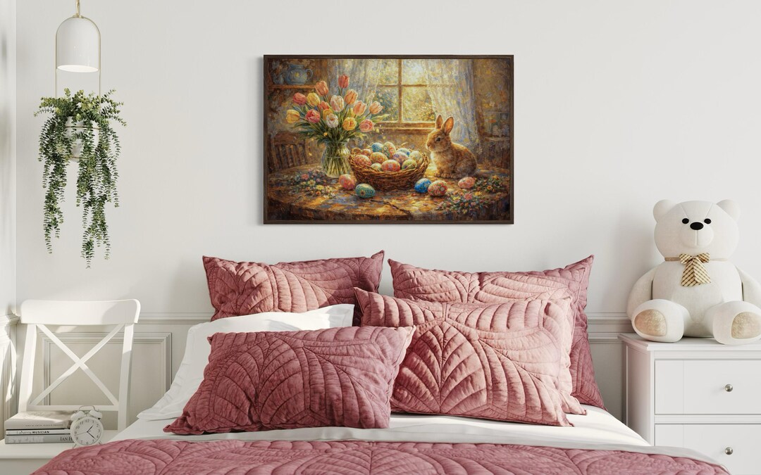 Vintage Easter Bunny Wall Art Print – Spring Tulips & Painted Eggs ...