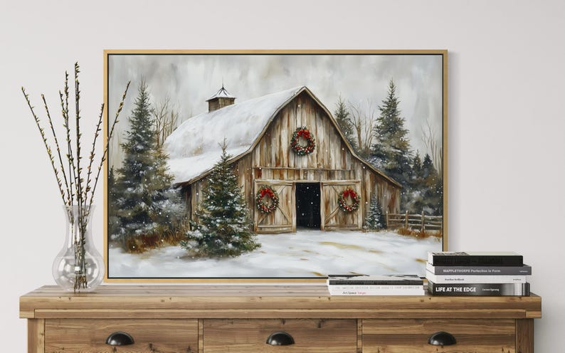 Rustic Christmas Barn Wall Art – Snowy Farmhouse Winter Print With ...