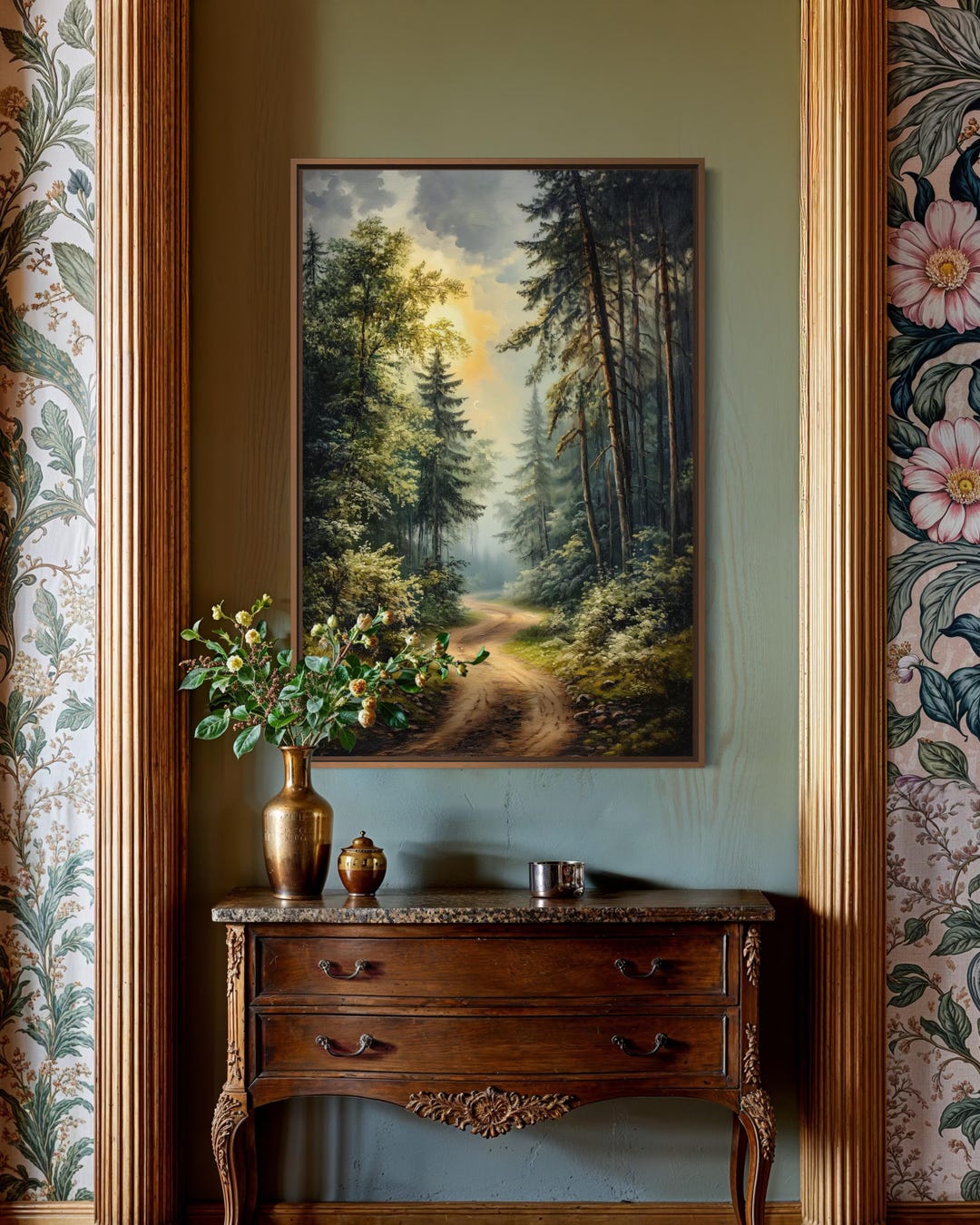 Forest Path Landscape Art Print, Misty Pine Woodland Wall Art Nature ...