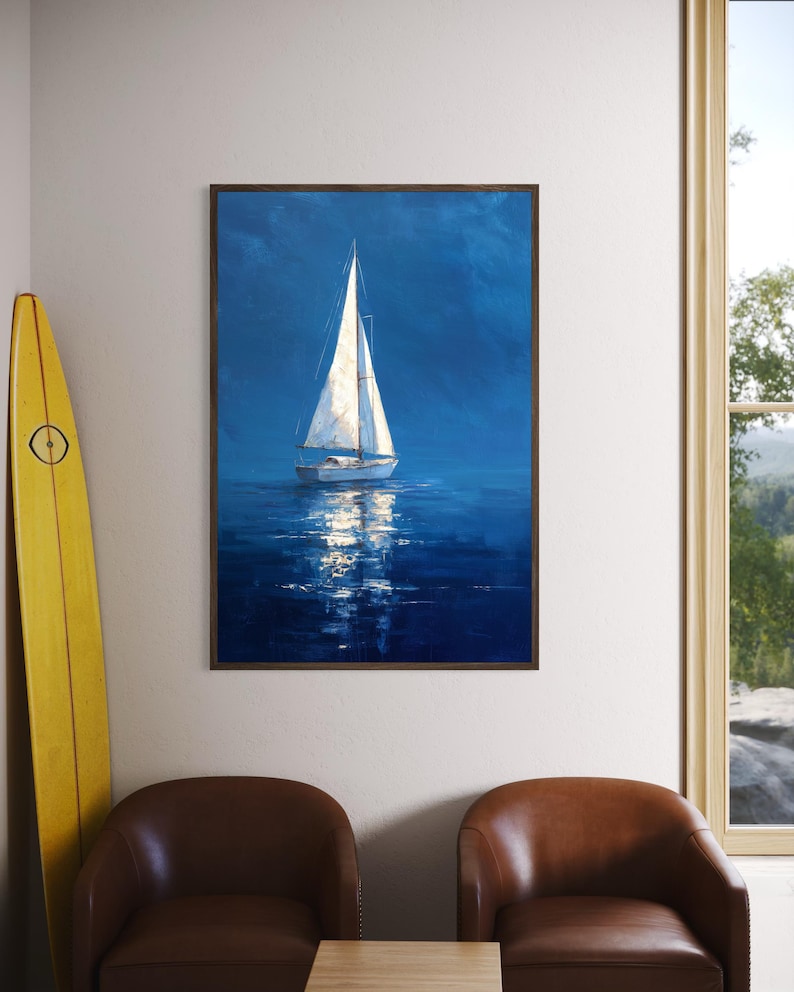 White Sailboat Wall Art Print - Blue Ocean Nautical Coastal Decor ...