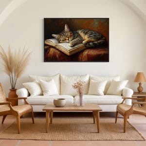 This heartwarming art print captures a peaceful kitten sleeping on an open book. The soft lighting and cozy atmosphere make this piece perfect for book lovers and cat enthusiasts alike. The detailed brushstrokes highlight the kitten’s fluffy fur, creating a charming and serene scene. Whether for a reading nook, bedroom, or study, this print adds warmth and relaxation to any space. A perfect gift for literature lovers, pet owners, or anyone who appreciates quiet, dreamy moments.
