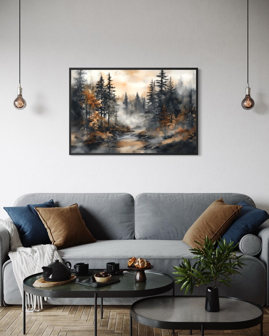 Foggy Forest Watercolor Landscape Print – Misty River Art, Rustic Cabin ...