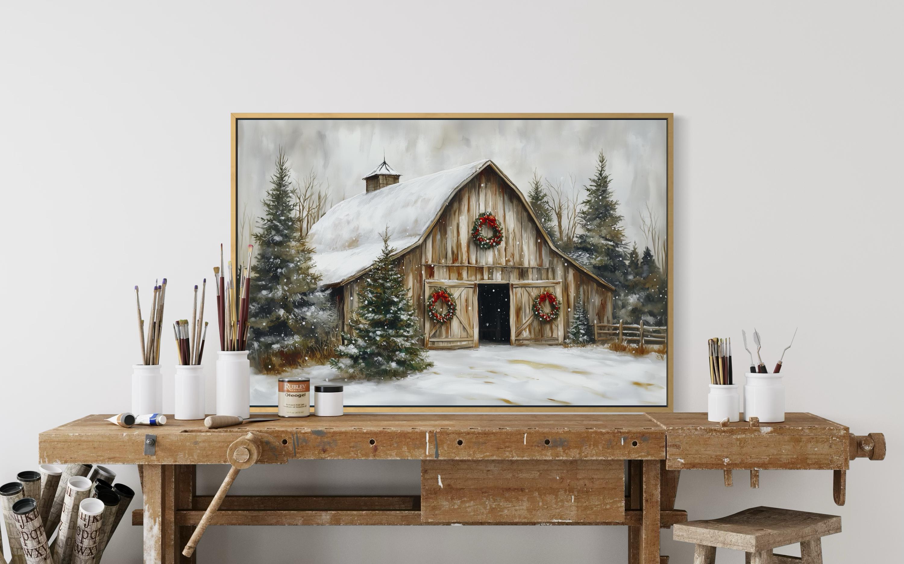 Rustic Christmas Barn Wall Art – Snowy Farmhouse Winter Print With ...