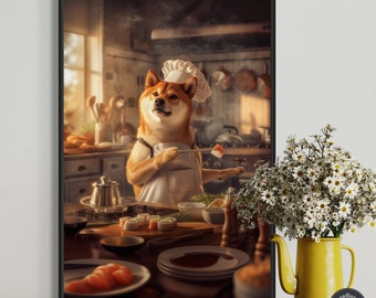 Shiba Inu Chef Art Print: Funny Dog Sushi Kitchen Decor