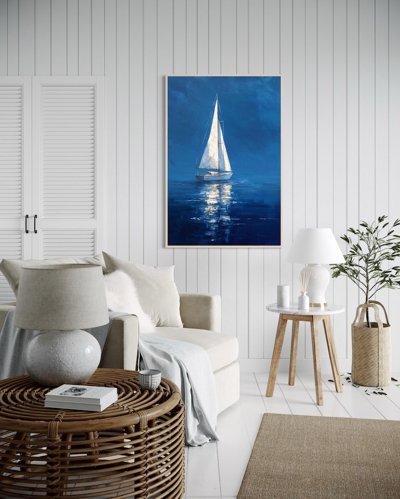 White Sailboat Wall Art Print - Blue Ocean Nautical Coastal Decor ...