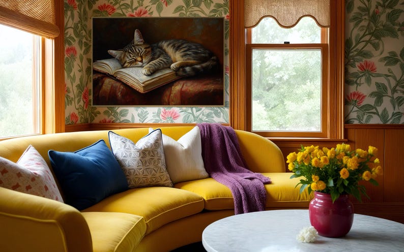 This heartwarming art print captures a peaceful kitten sleeping on an open book. The soft lighting and cozy atmosphere make this piece perfect for book lovers and cat enthusiasts alike. The detailed brushstrokes highlight the kitten’s fluffy fur, creating a charming and serene scene. Whether for a reading nook, bedroom, or study, this print adds warmth and relaxation to any space. A perfect gift for literature lovers, pet owners, or anyone who appreciates quiet, dreamy moments.