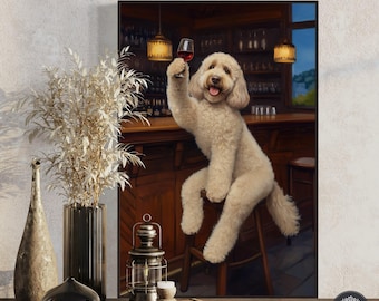 Divertente stampa artistica di Goldendoodle: dipinto a olio su tela per animali domestici, decorazione da parete per bar