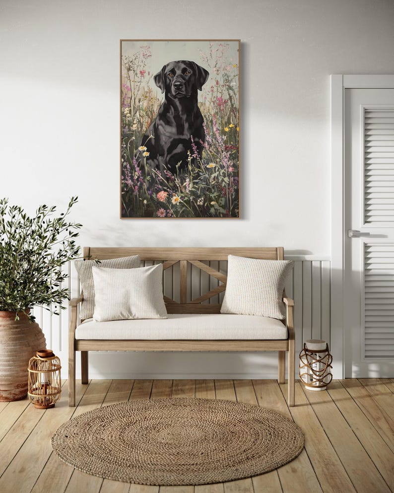 Pode incluir: Um c&atilde;o labrador retriever preto est&aacute; sentado em um campo de flores silvestres. O c&atilde;o est&aacute; olhando diretamente para a c&acirc;mera. O fundo &eacute; um campo de flores silvestres em tons de rosa, roxo, amarelo e branco.