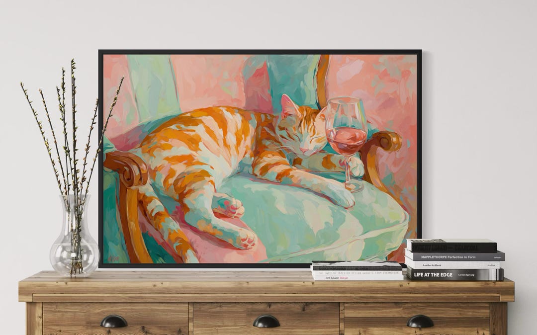 Orange Cat With Wine Art Print - Whimsical Animal Painting Print, Cozy ...