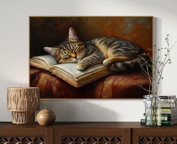 Sleeping Kitten Canvas Print: Vintage Book Lover Decor