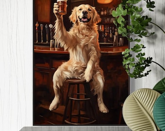 Cheerful Golden Retriever Wall Art - Funny Bar Dog Canvas Print, Beer Lover Home Bar Decor or Rustic Tavern Decor
