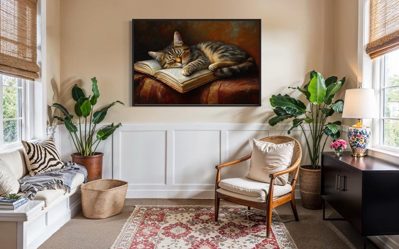 This heartwarming art print captures a peaceful kitten sleeping on an open book. The soft lighting and cozy atmosphere make this piece perfect for book lovers and cat enthusiasts alike. The detailed brushstrokes highlight the kitten’s fluffy fur, creating a charming and serene scene. Whether for a reading nook, bedroom, or study, this print adds warmth and relaxation to any space. A perfect gift for literature lovers, pet owners, or anyone who appreciates quiet, dreamy moments.
