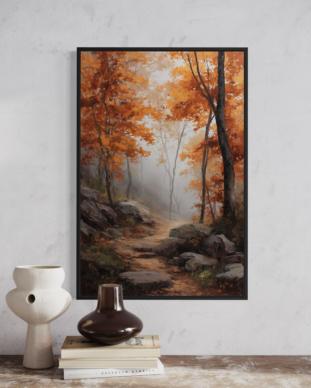 Misty Autumn Forest Path Art Print – Fall Landscape Wall Art, Cozy ...