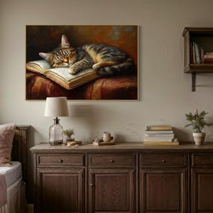 This heartwarming art print captures a peaceful kitten sleeping on an open book. The soft lighting and cozy atmosphere make this piece perfect for book lovers and cat enthusiasts alike. The detailed brushstrokes highlight the kitten’s fluffy fur, creating a charming and serene scene. Whether for a reading nook, bedroom, or study, this print adds warmth and relaxation to any space. A perfect gift for literature lovers, pet owners, or anyone who appreciates quiet, dreamy moments.