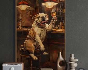 Whimsical English Bulldog Art - Personalized Funny Pet Portrait Print, Bar Wall Art as Gift for Wine Lovers, Pet Lover's Wall Decor