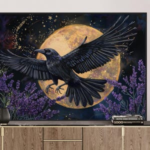 Mystical Raven Moon Wall Art – Celestial Gothic Bird Print, Witchy Nature Decor for Living Room, Above Bed, or Enchanted Fantasy Home
