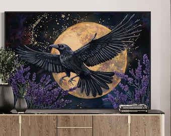 Raven Moon Canvas Art: Gothic Celestial Bird Print