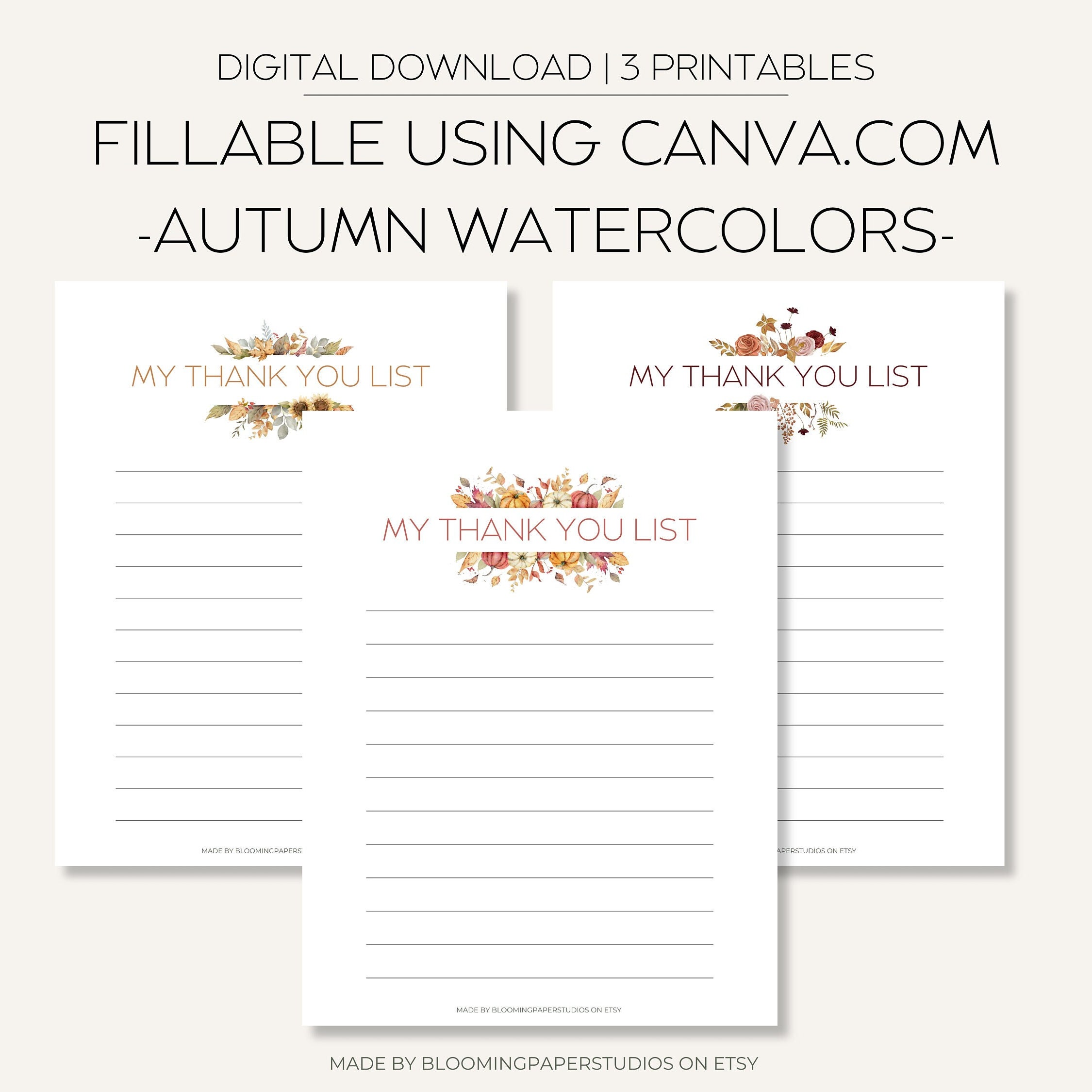 Autumn My Thank You List Template Bundle Fall Watercolor Thank You