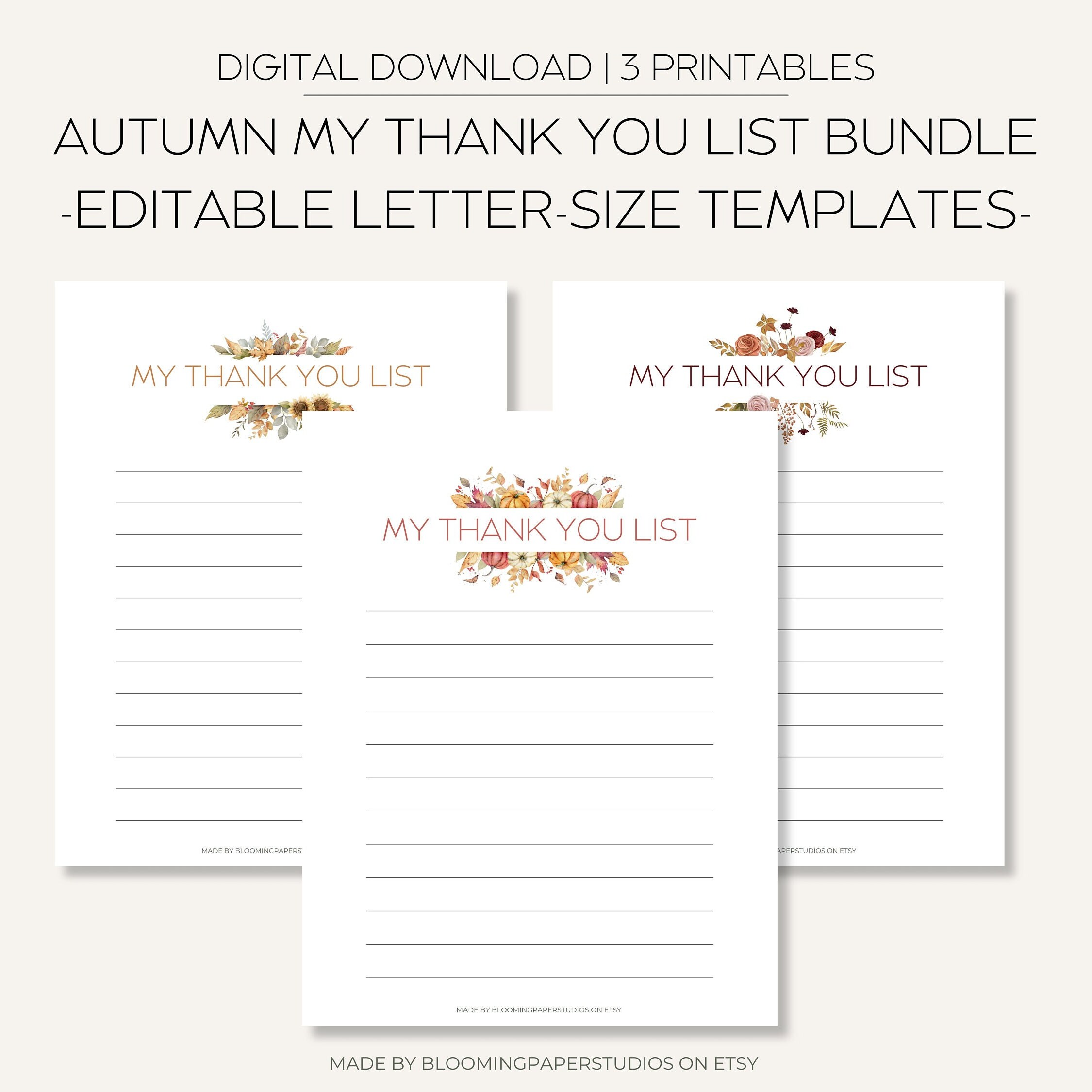 Autumn My Thank You List Template Bundle Fall Watercolor Thank You