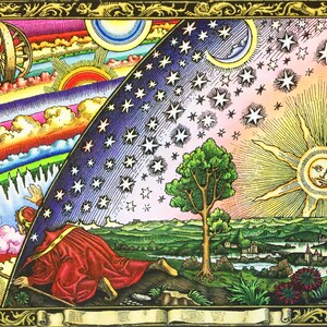 Flammarion gekleurde gravure – middeleeuwse platte aardekaart, kunstafdruk, vintage kunst, illustratie, oude kosmogonieafdruk, poster